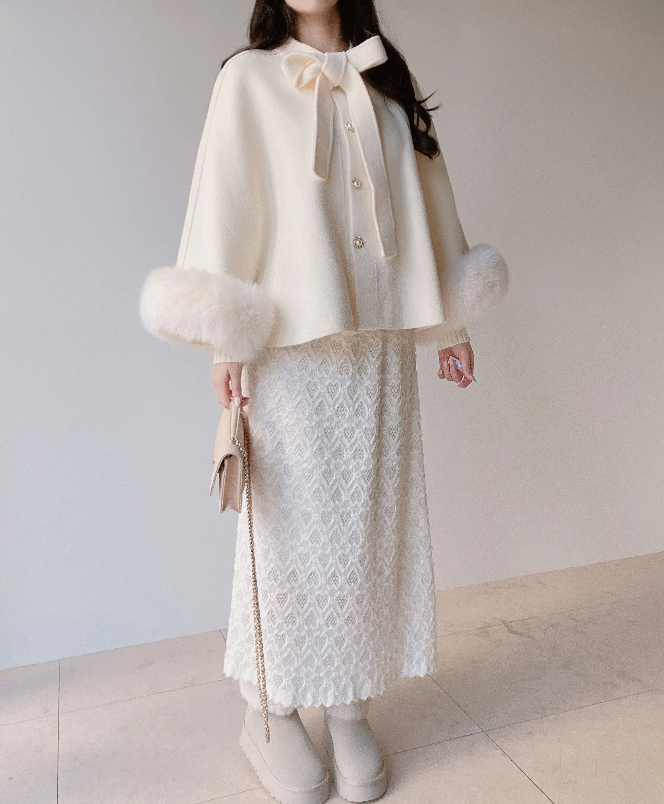 エコファーウール混リボンパール調ボタンコート | mirangmirang | 詳細画像11