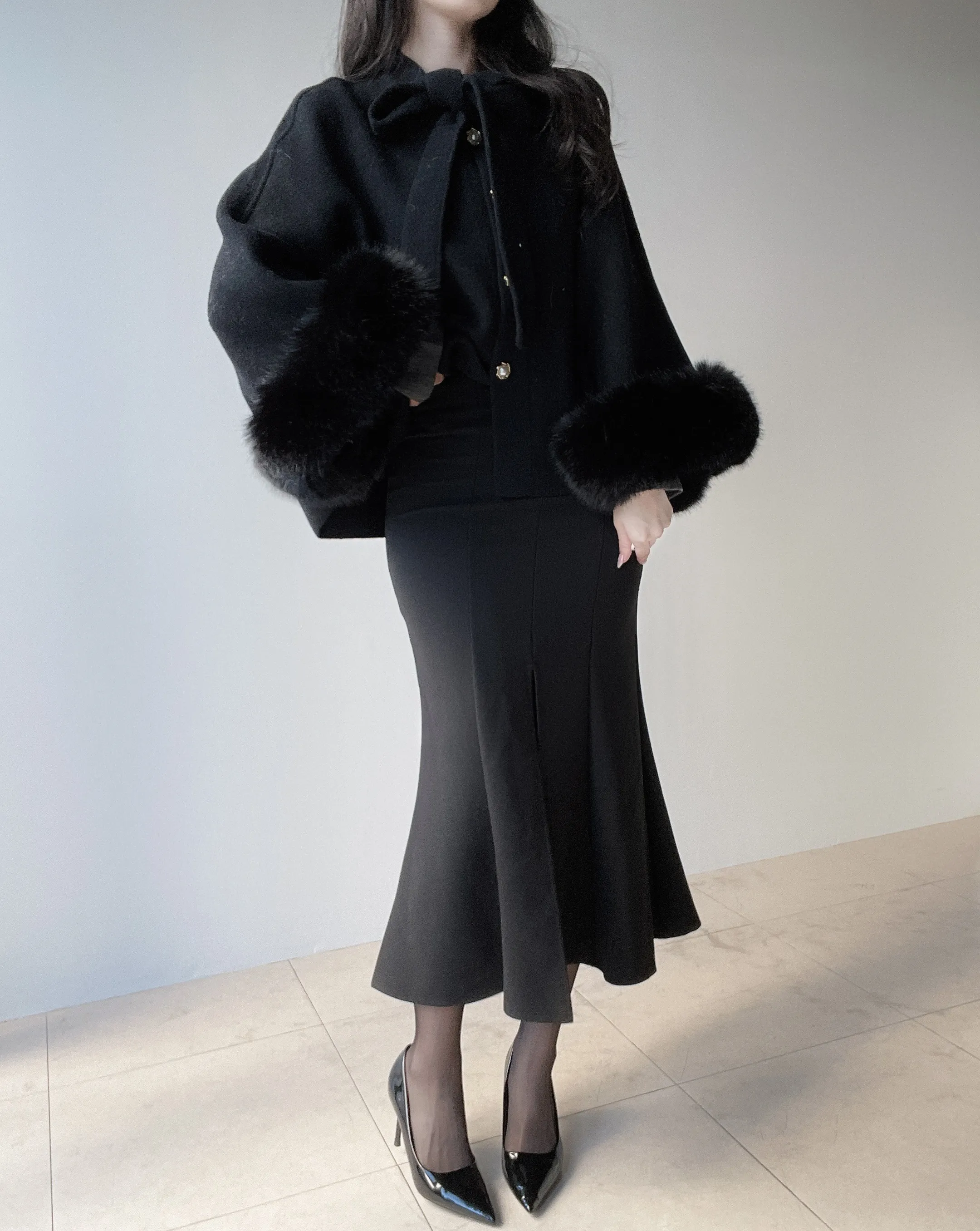 エコファーウール混リボンパール調ボタンコート | mirangmirang | 詳細画像34