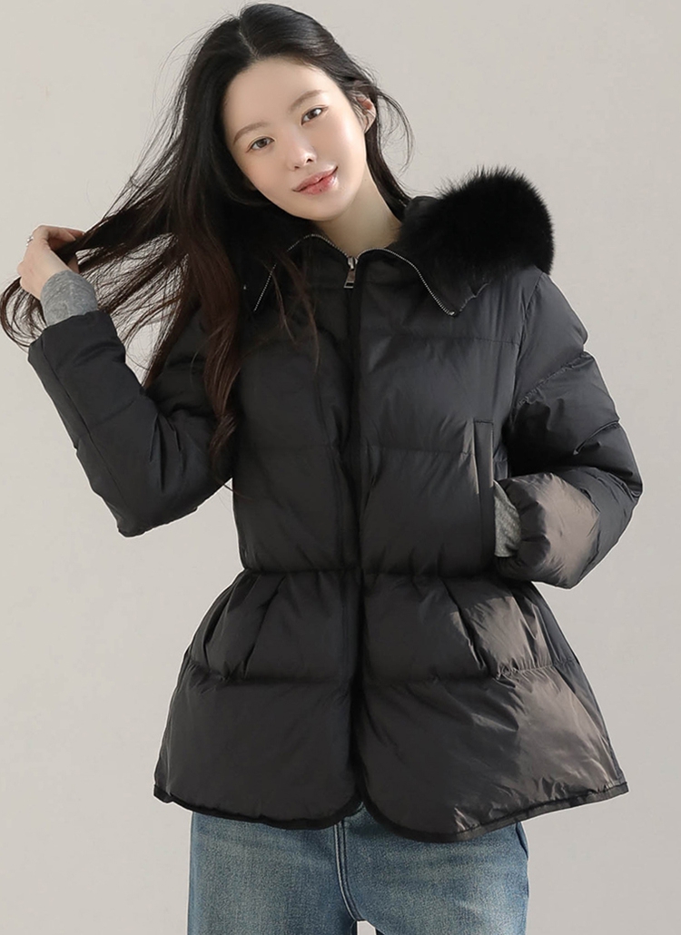 ダウンブラックぽこたん様 フォックスファーダックダウンハーフドローストリングフードダウン