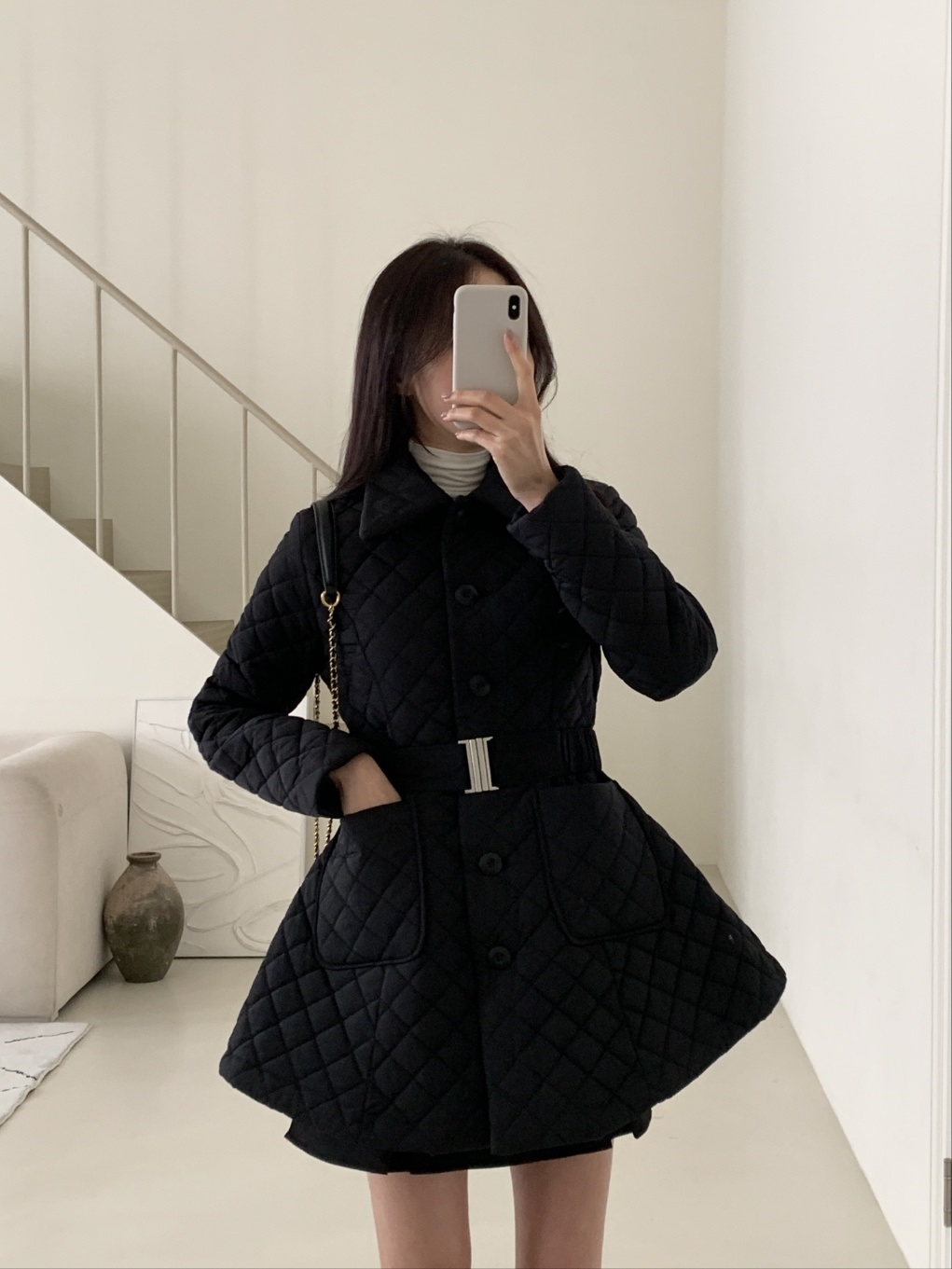 キルティングナイロンボタンカラーポケットコートベルト付 | 詳細画像2