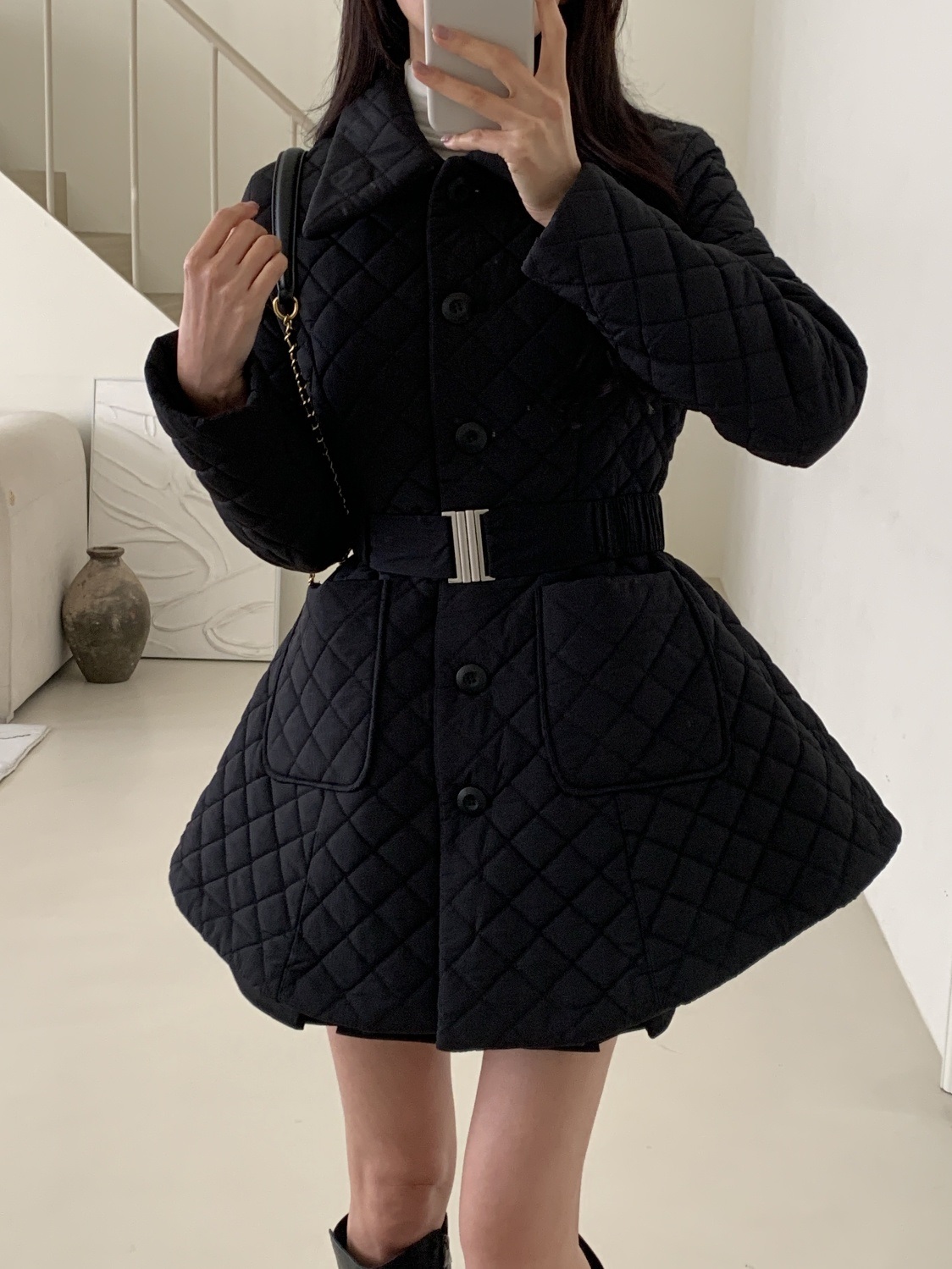 キルティングナイロンボタンカラーポケットコートベルト付 | 詳細画像5