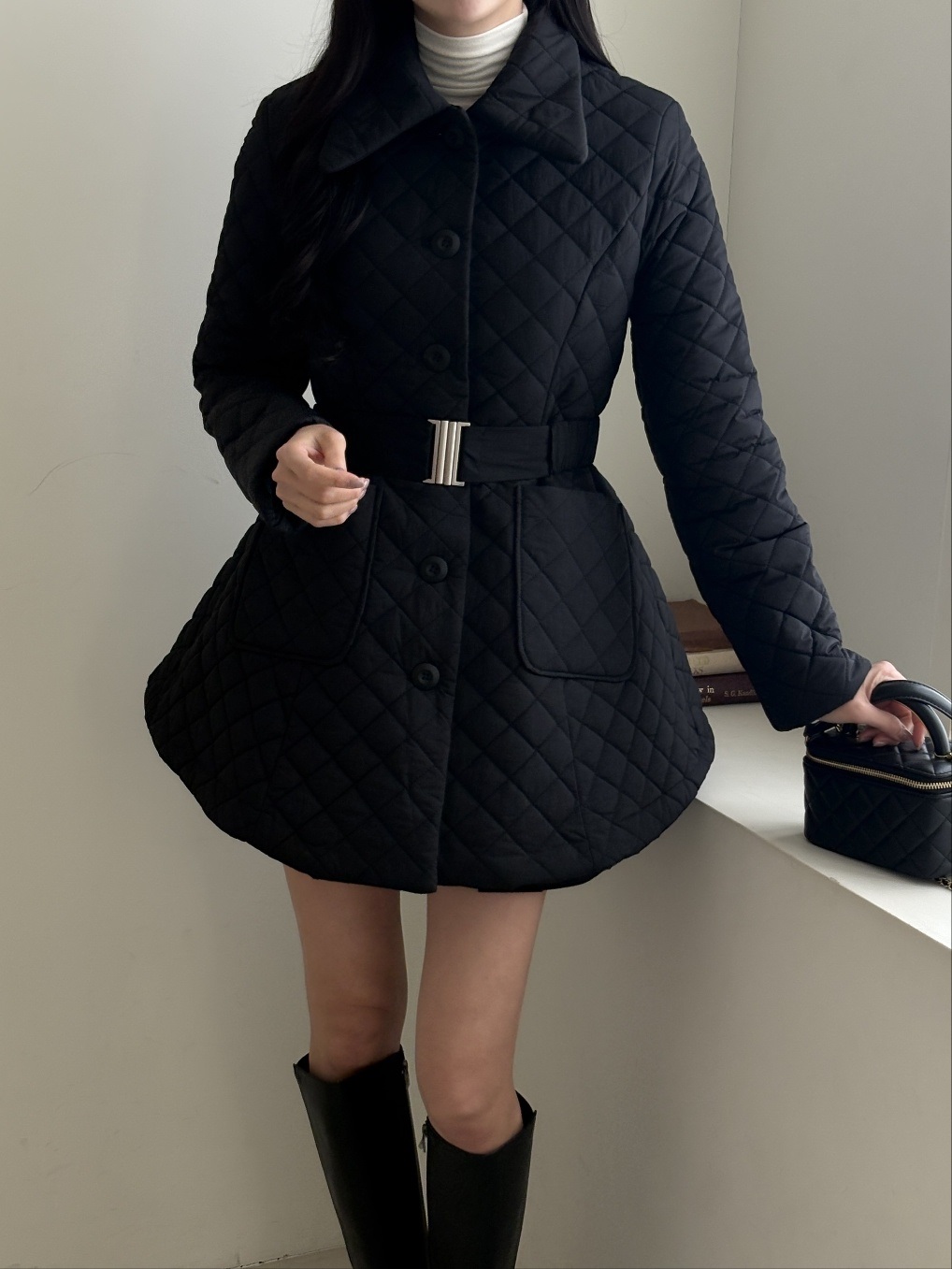 キルティングナイロンボタンカラーポケットコートベルト付 | 詳細画像11