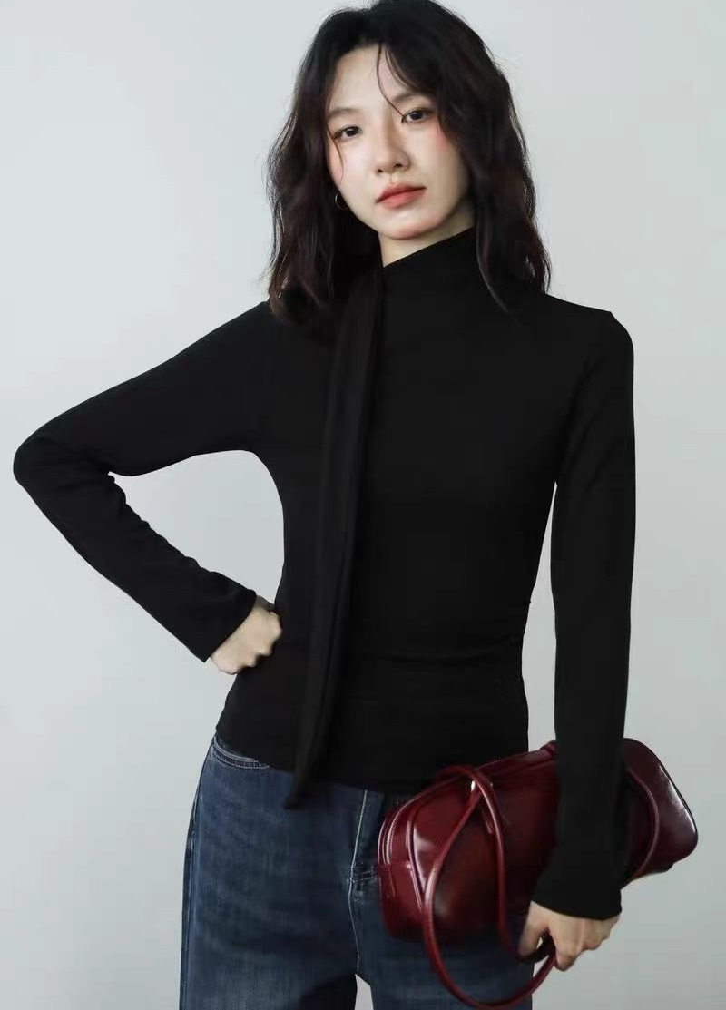 ウール混ベーシック長袖スカーフネック無地ニット | 詳細画像6