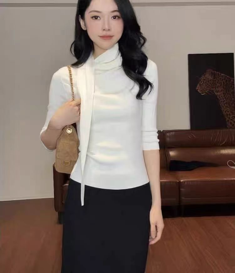 ウール混ベーシック長袖スカーフネック無地ニット | 詳細画像5