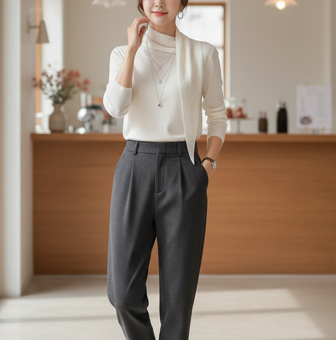 ウール混ベーシック長袖スカーフネック無地ニット | 詳細画像3