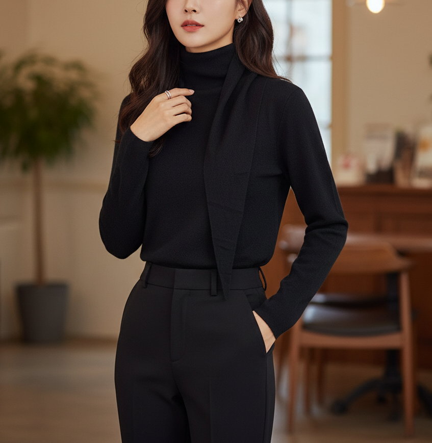 ウール混ベーシック長袖スカーフネック無地ニット | 詳細画像4