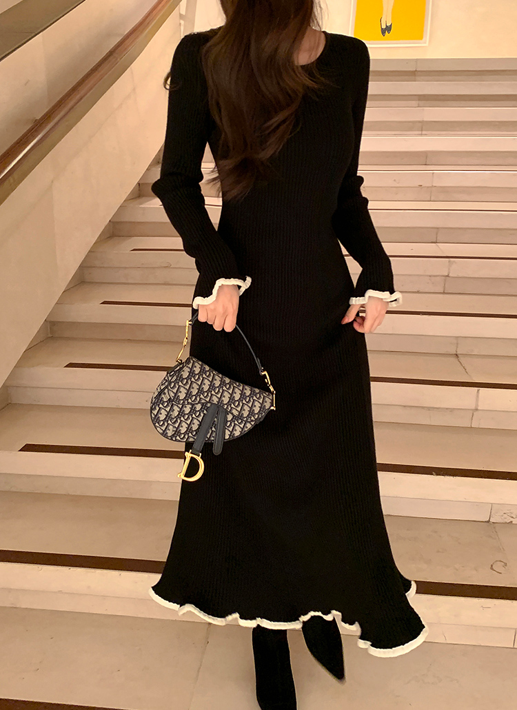 リブニット配色フリル長袖ルーズフレアロングワンピース | レディース