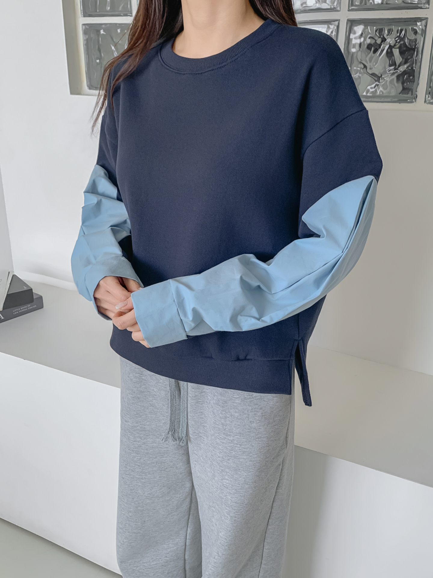 裏起毛ラウンドネック長袖配色スウェット | 詳細画像7