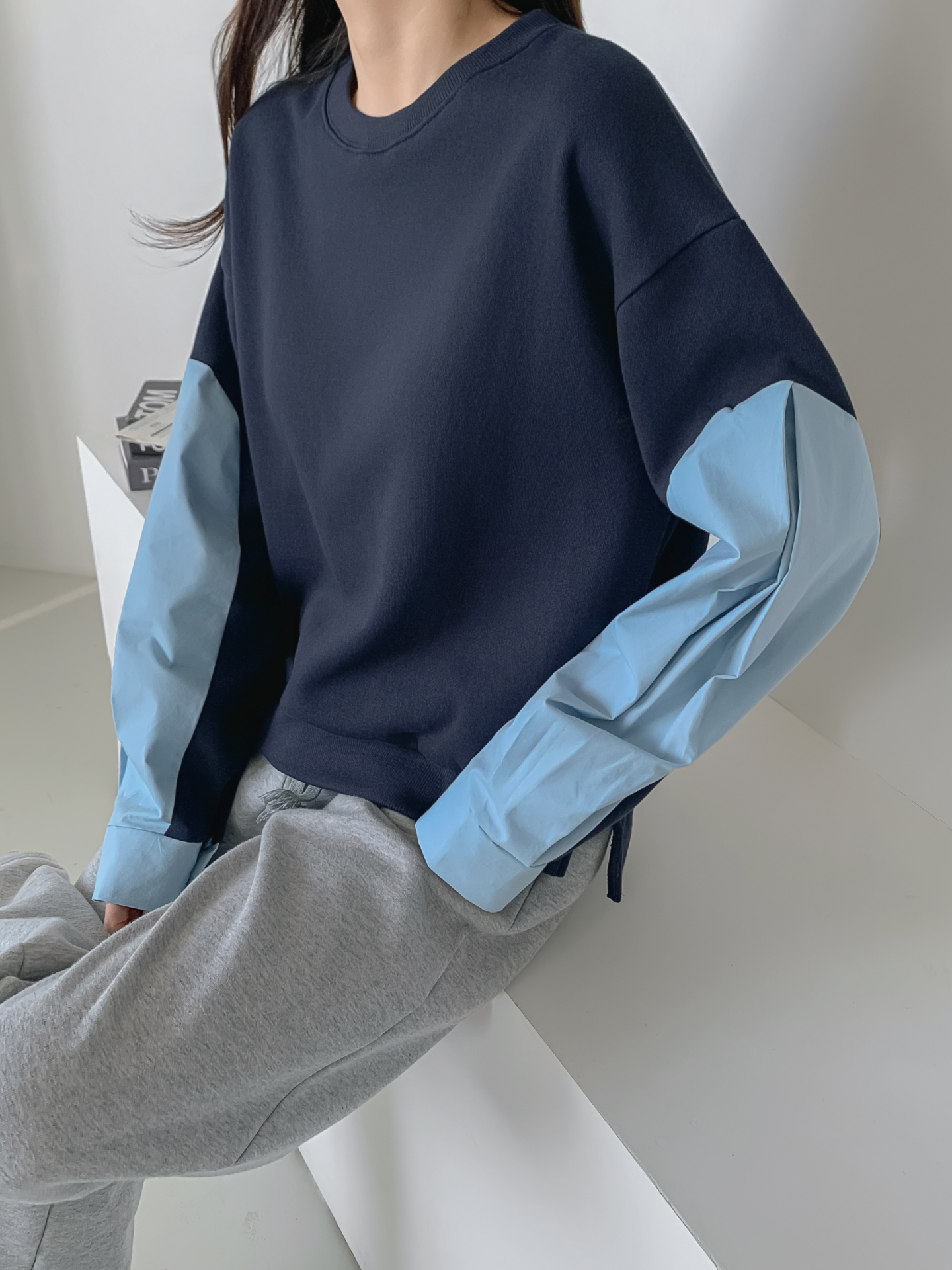 裏起毛ラウンドネック長袖配色スウェット | 詳細画像11