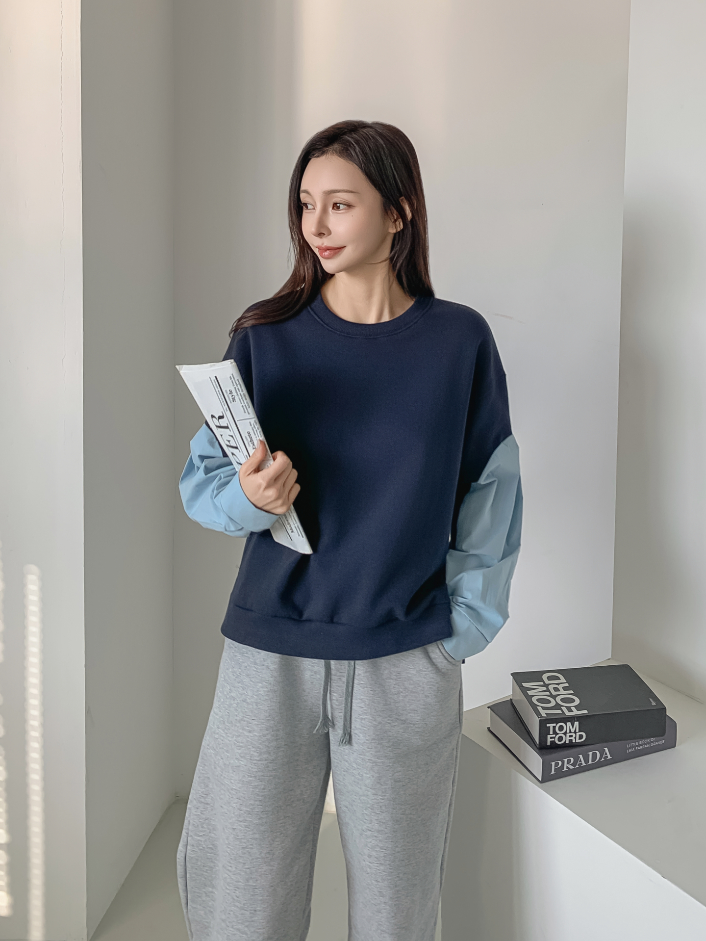 裏起毛ラウンドネック長袖配色スウェット | 詳細画像3