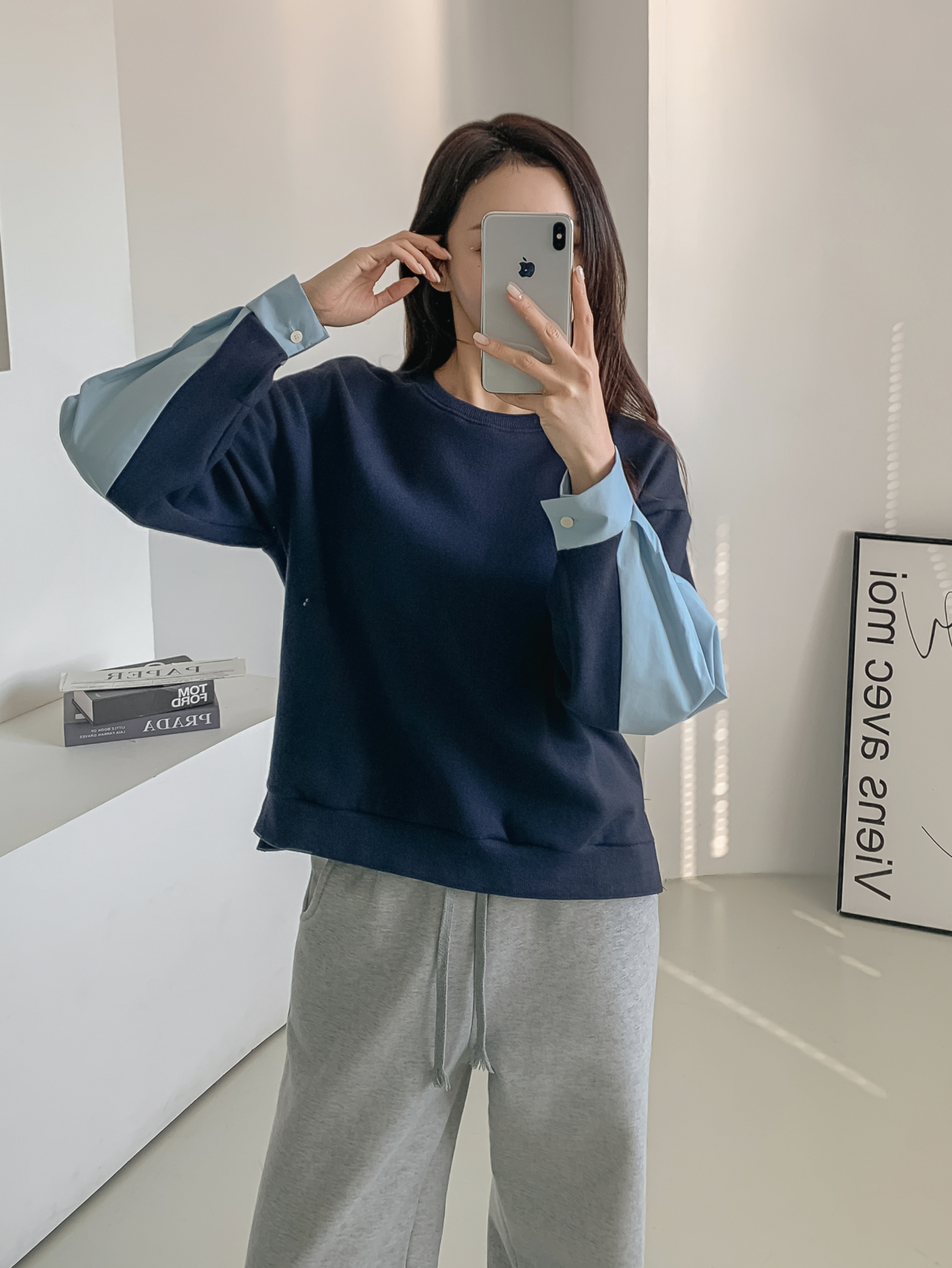 裏起毛ラウンドネック長袖配色スウェット | 詳細画像5