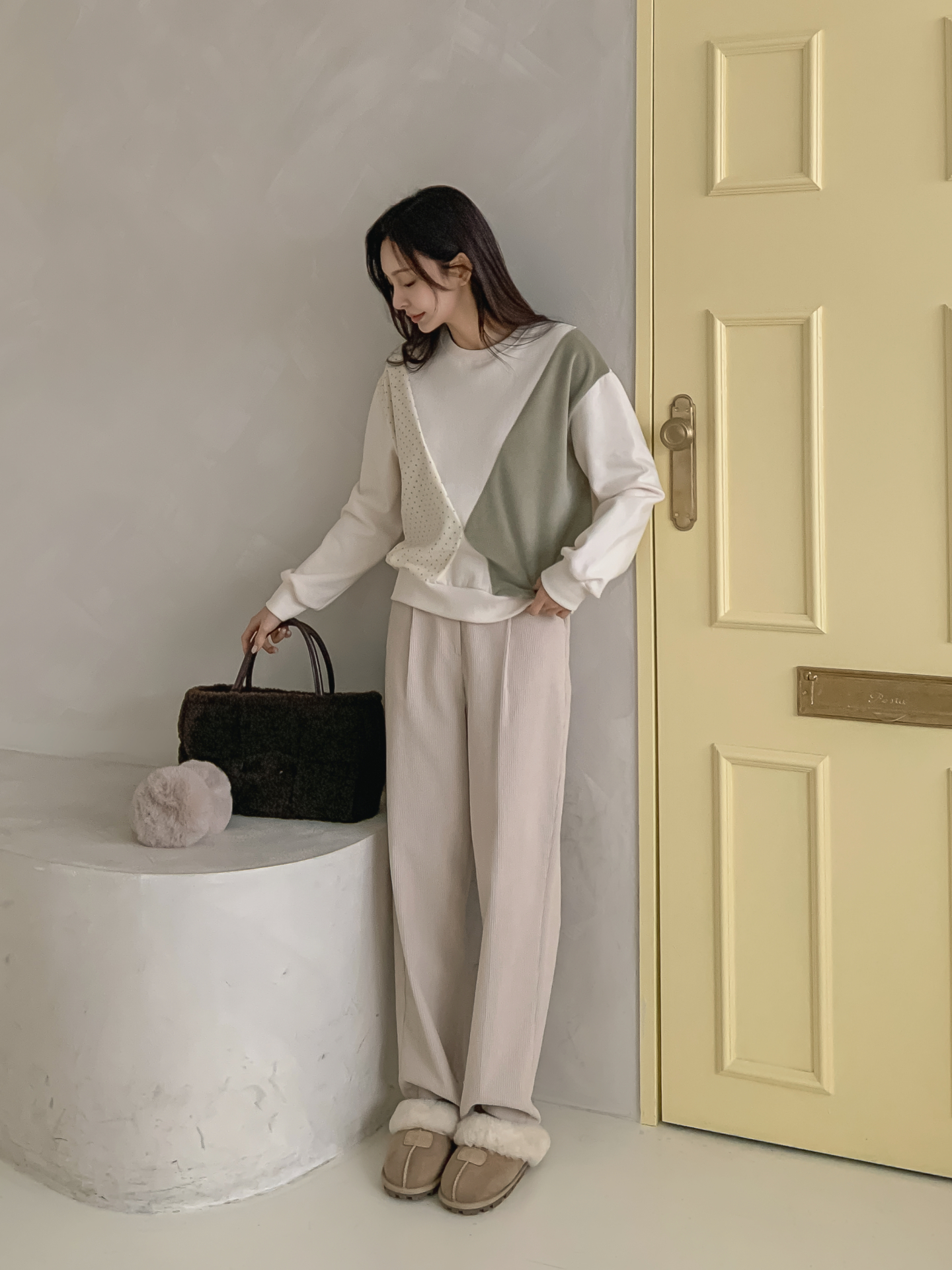 裏起毛ラウンドネック長袖ドット配色スウェット | 詳細画像2