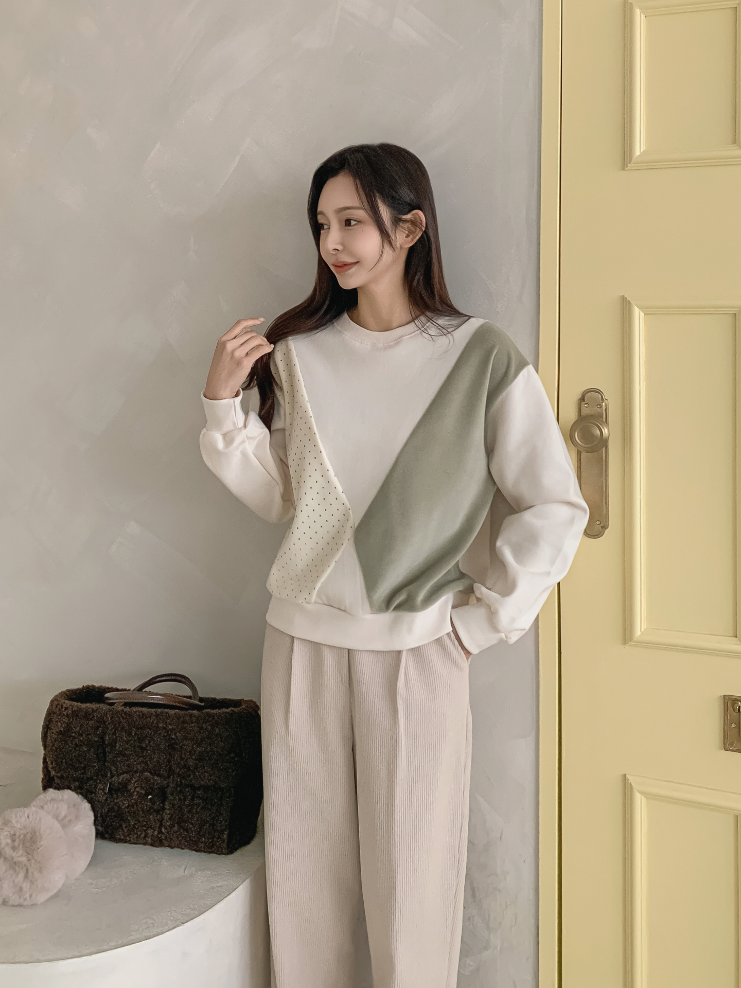 裏起毛ラウンドネック長袖ドット配色スウェット | 詳細画像8