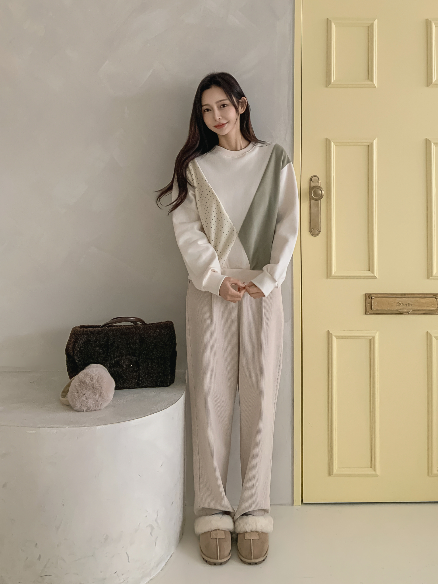 裏起毛ラウンドネック長袖ドット配色スウェット | 詳細画像9