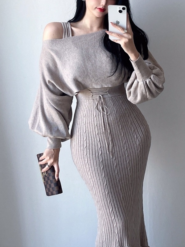 スクエアネックワンショルダーケーブルスリムロングアンサンブル | 詳細画像4