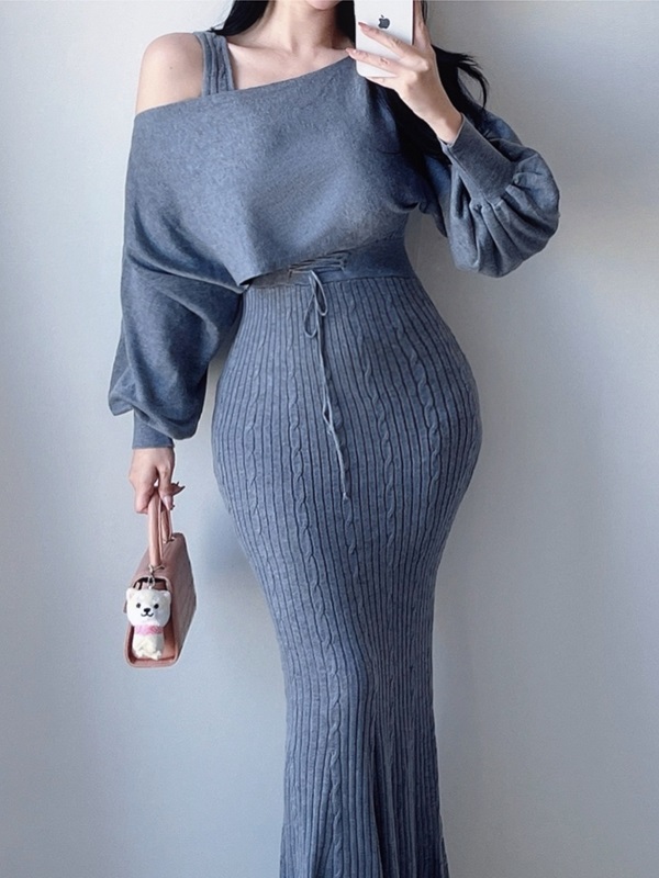 スクエアネックワンショルダーケーブルスリムロングアンサンブル | 詳細画像5