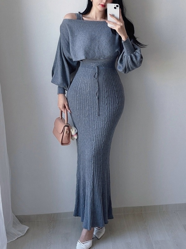 スクエアネックワンショルダーケーブルスリムロングアンサンブル | 詳細画像8