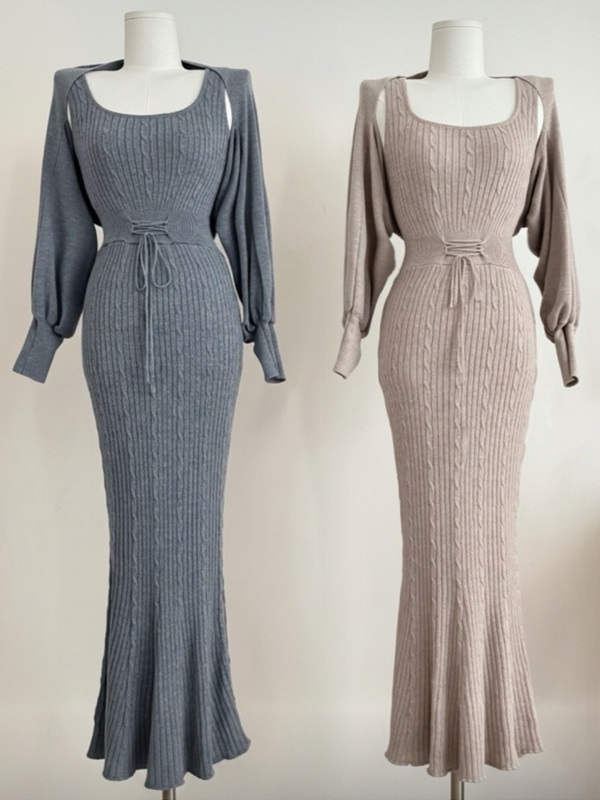 スクエアネックワンショルダーケーブルスリムロングアンサンブル | 詳細画像10