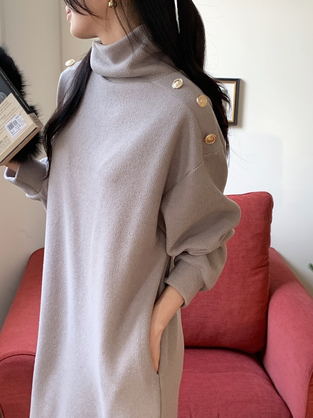 ボタンタートルネックポケットロングワンピースベルト付 | 詳細画像2