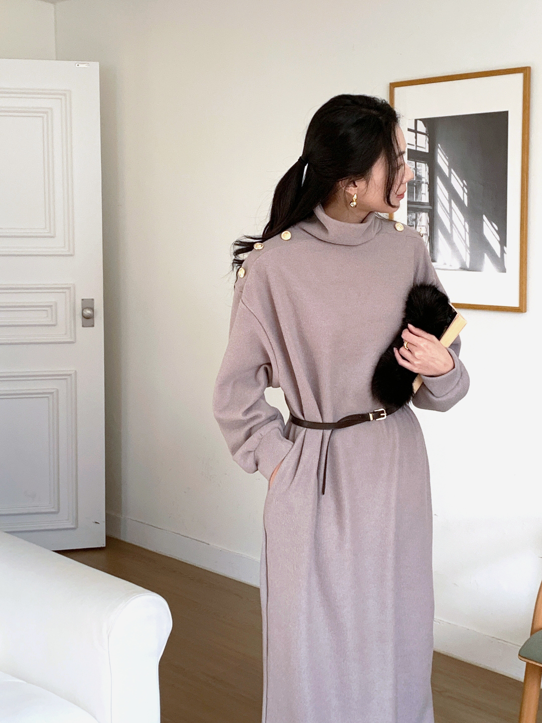 ボタンタートルネックポケットロングワンピースベルト付 | 詳細画像3