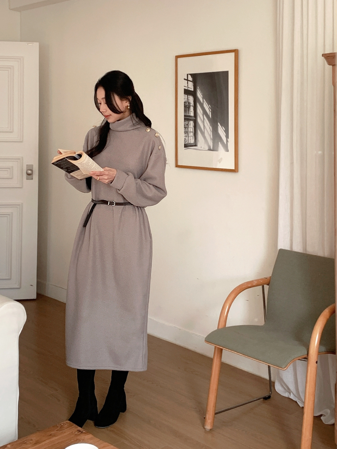 ボタンタートルネックポケットロングワンピースベルト付 | 詳細画像6