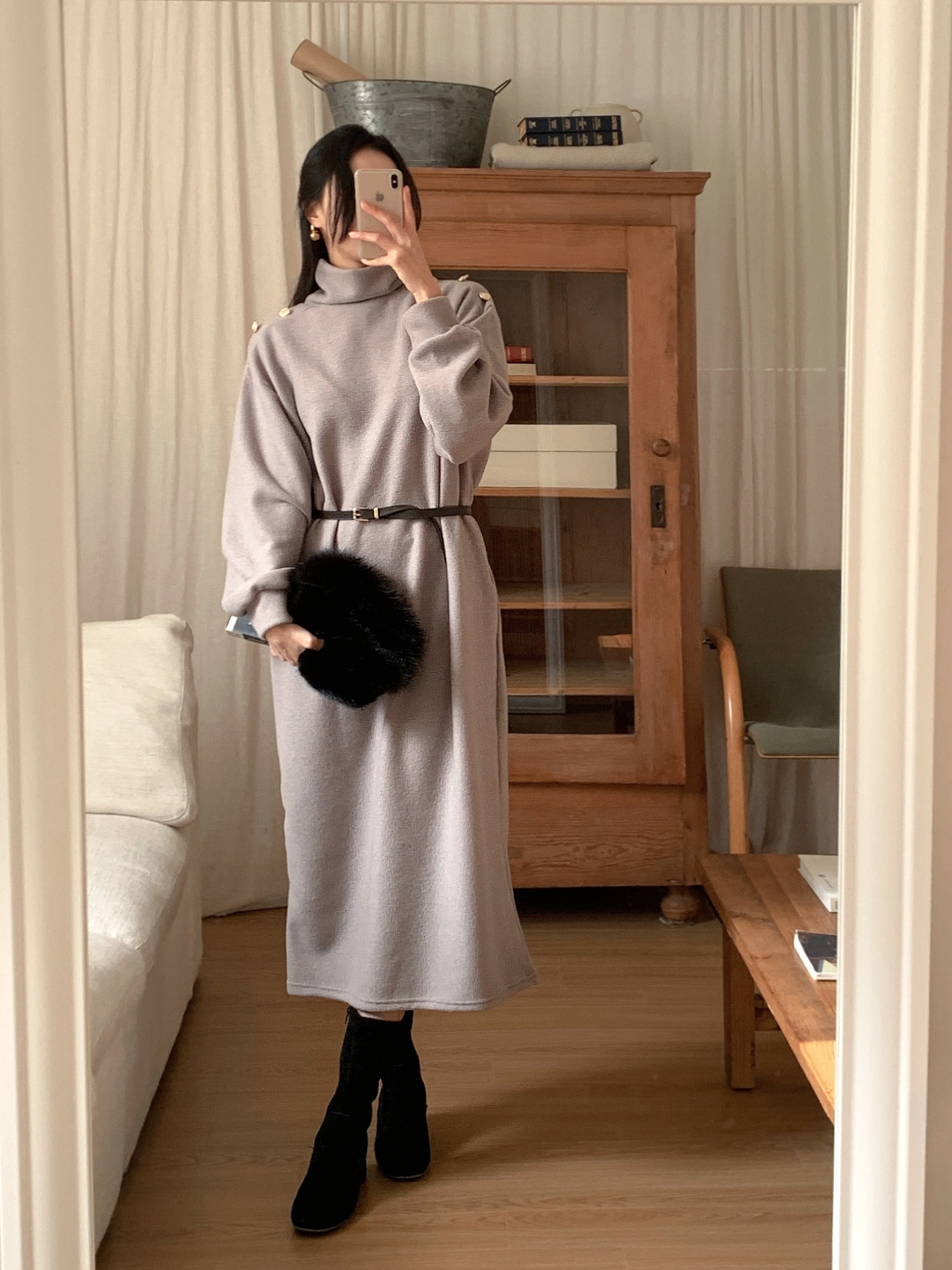 ボタンタートルネックポケットロングワンピースベルト付 | 詳細画像9