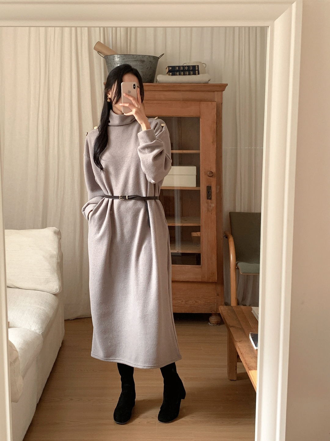 ボタンタートルネックポケットロングワンピースベルト付 | 詳細画像10