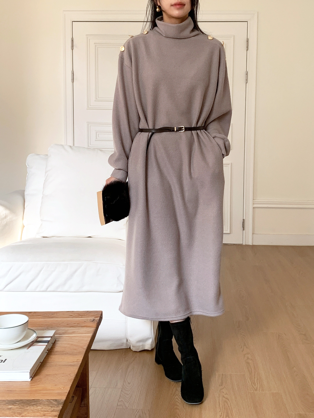 ボタンタートルネックポケットロングワンピースベルト付 | 詳細画像11