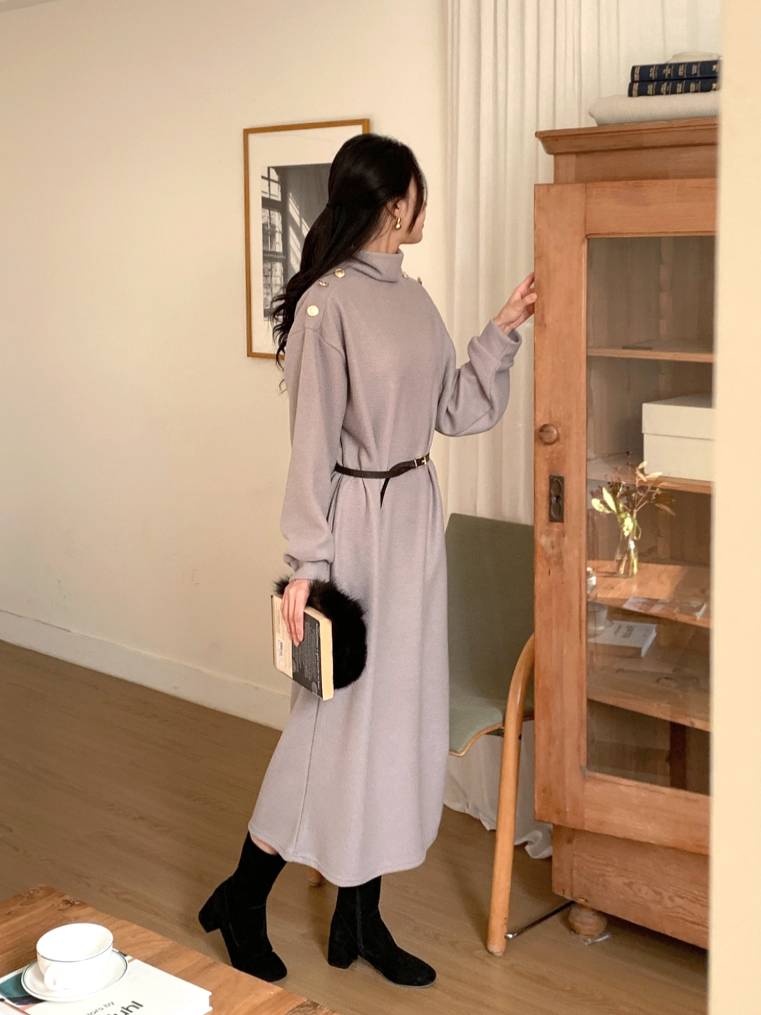 ボタンタートルネックポケットロングワンピースベルト付 | 詳細画像12