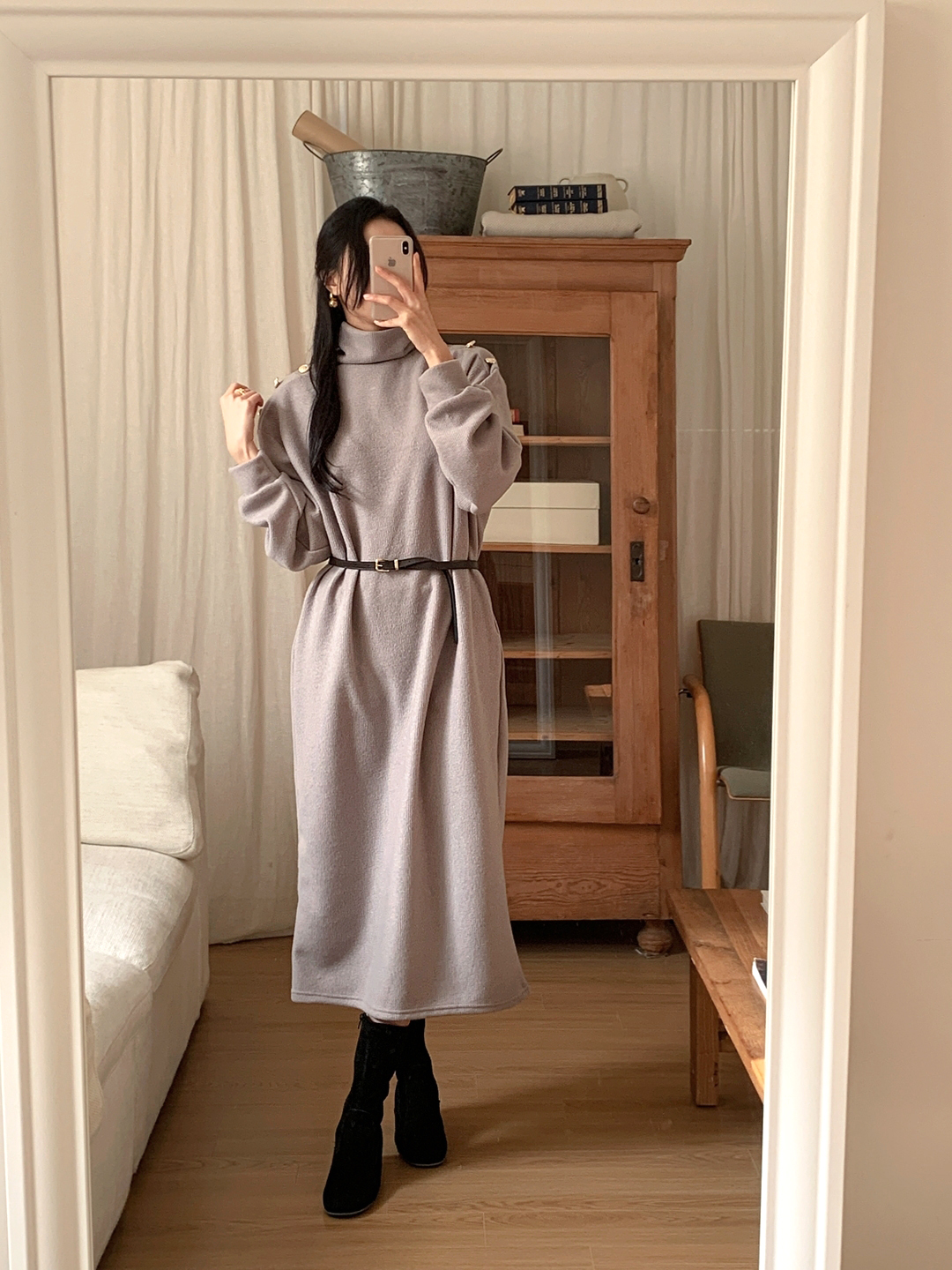 ボタンタートルネックポケットロングワンピースベルト付 | 詳細画像13