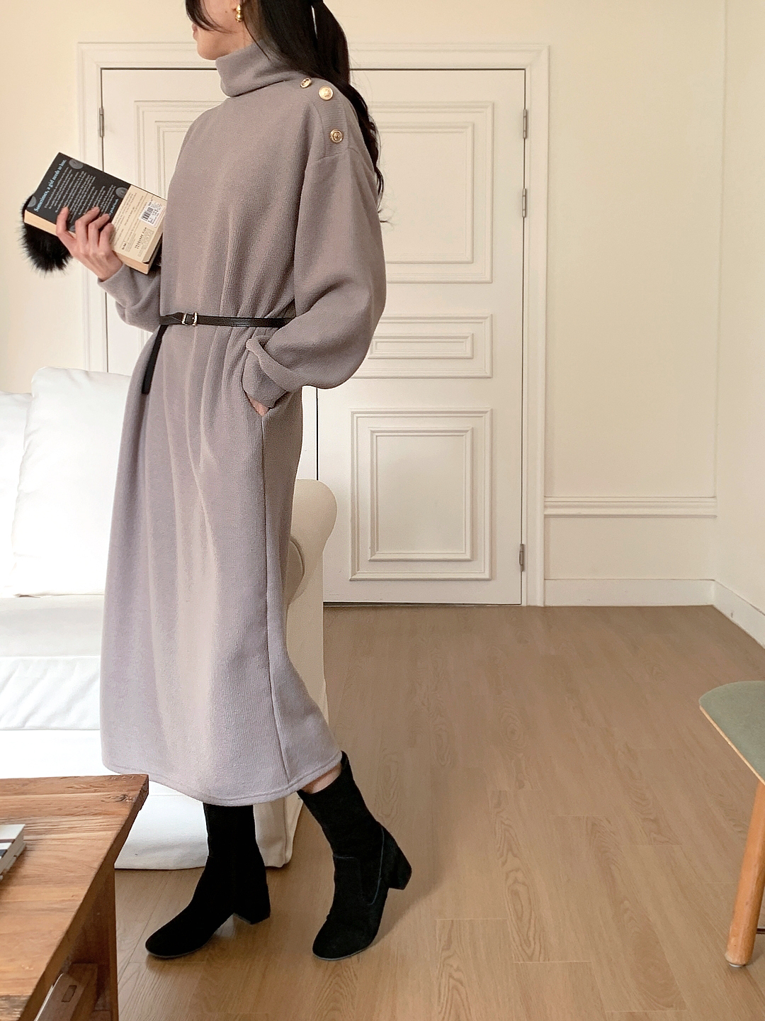 ボタンタートルネックポケットロングワンピースベルト付 | 詳細画像14