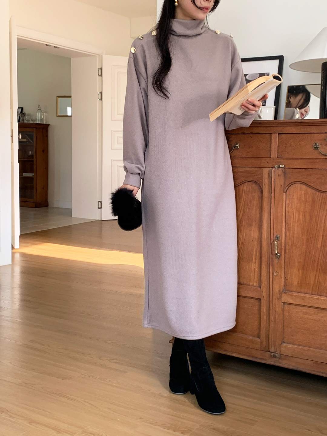 ボタンタートルネックポケットロングワンピースベルト付 | 詳細画像15