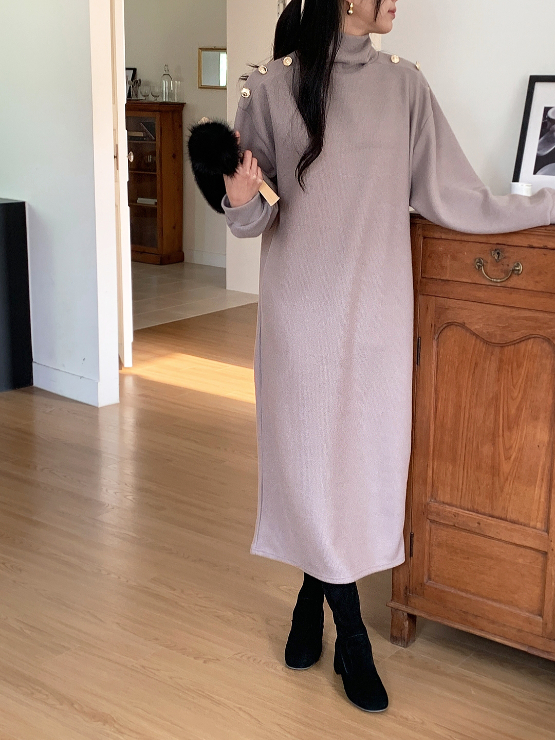 ボタンタートルネックポケットロングワンピースベルト付 | 詳細画像16