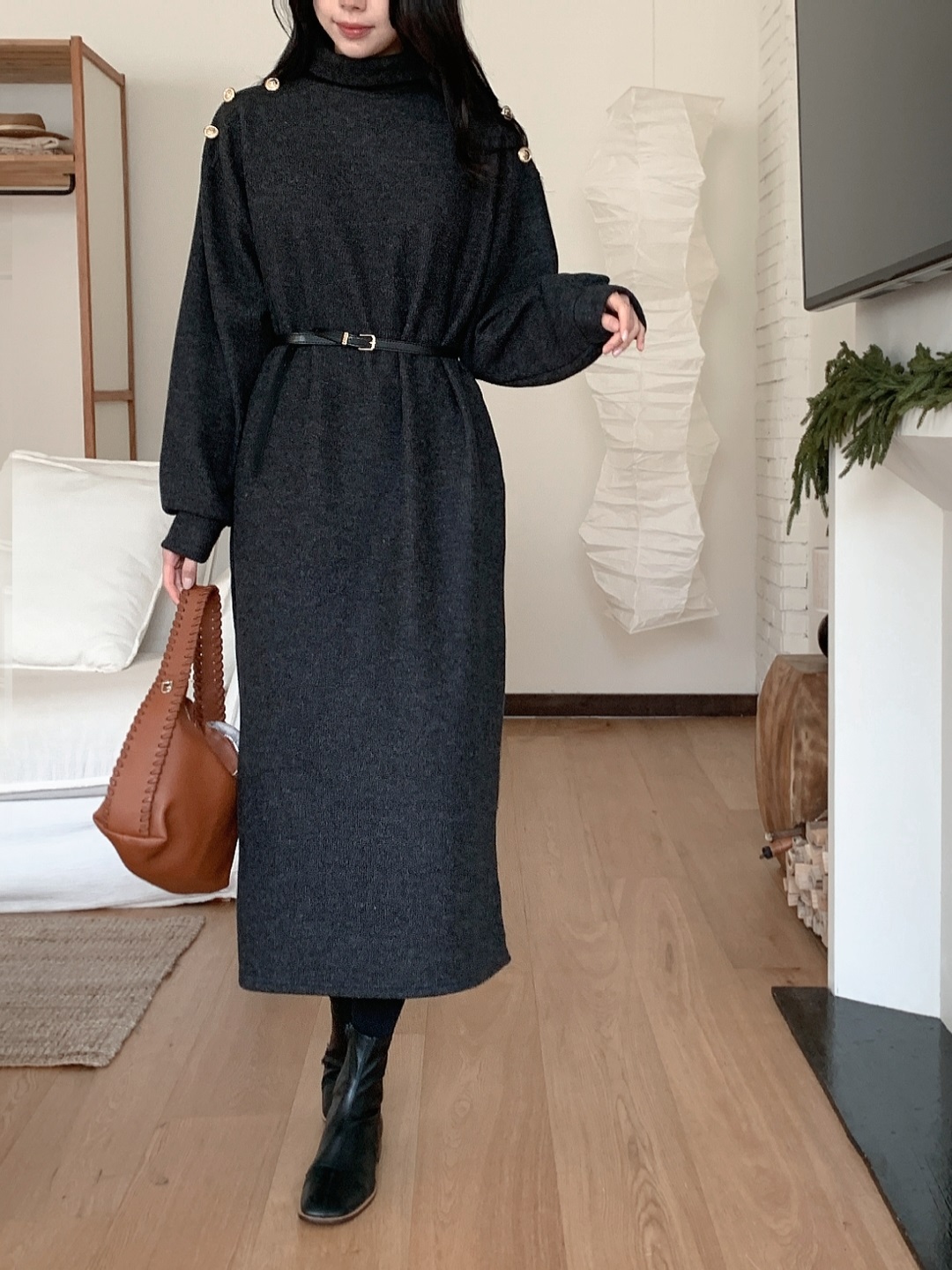ボタンタートルネックポケットロングワンピースベルト付 | 詳細画像2