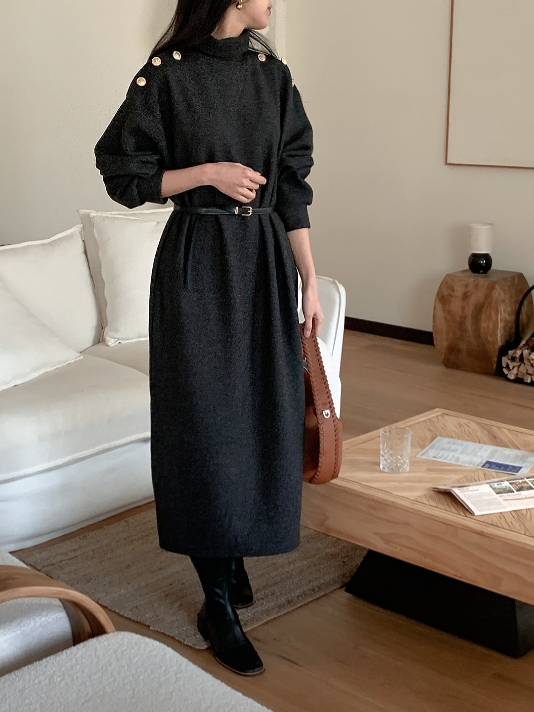 ボタンタートルネックポケットロングワンピースベルト付 | 詳細画像8