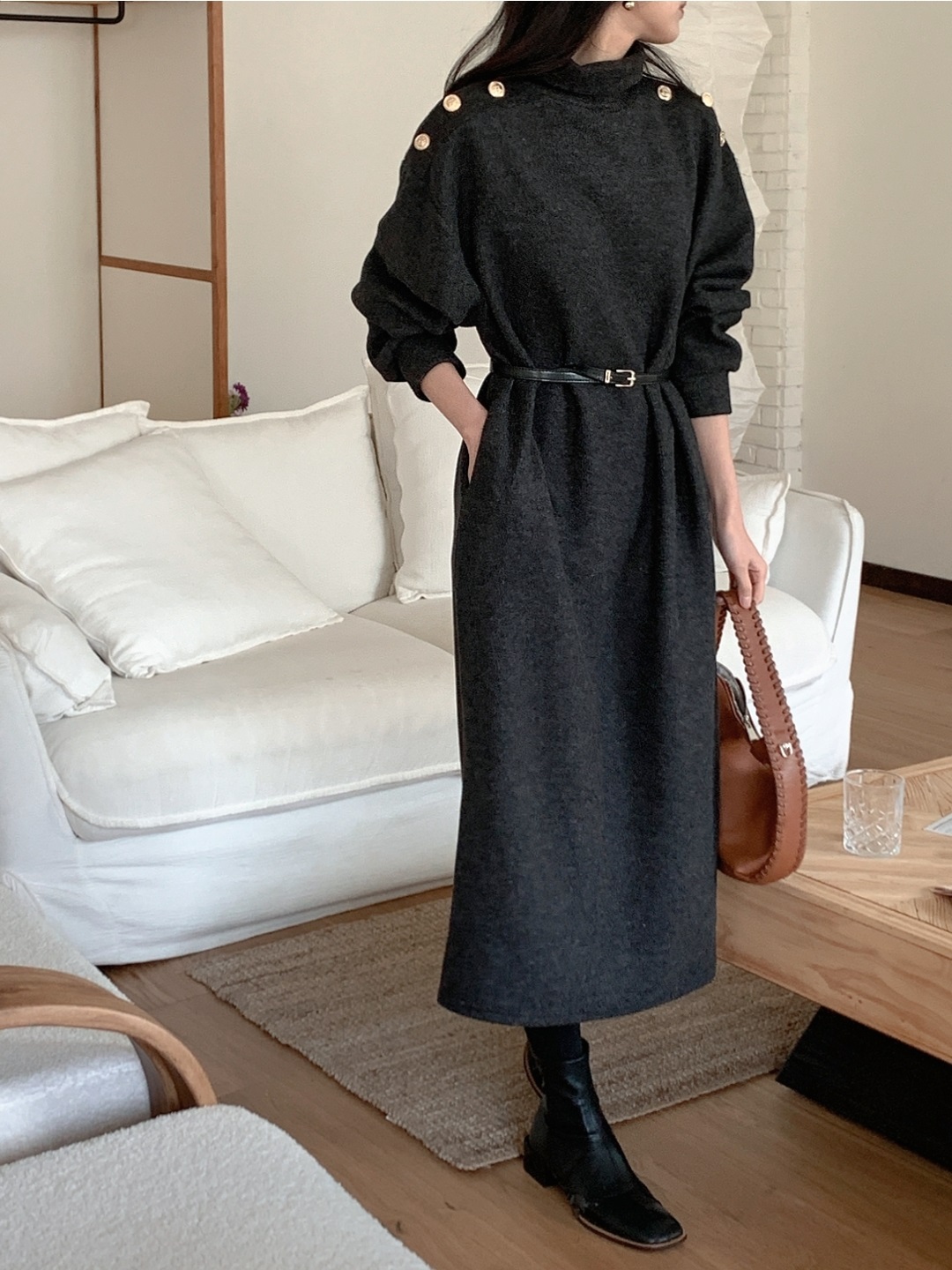 ボタンタートルネックポケットロングワンピースベルト付 | 詳細画像15