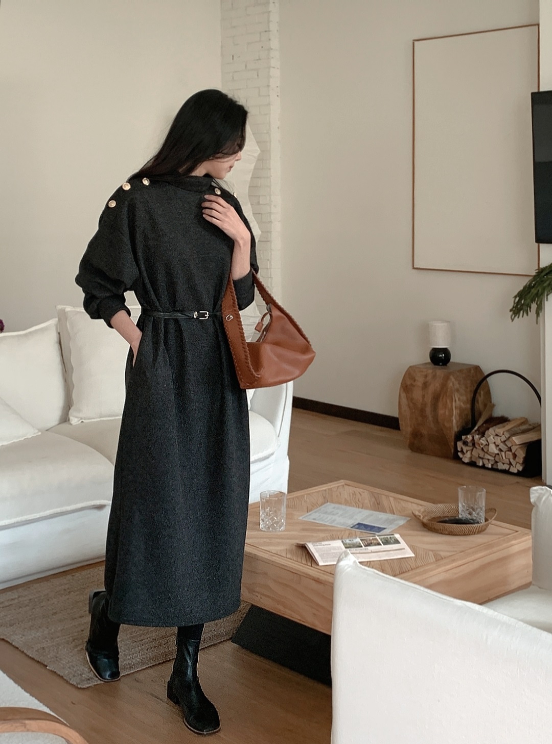 ボタンタートルネックポケットロングワンピースベルト付 | 詳細画像24