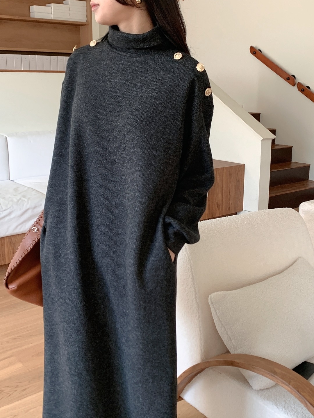 ボタンタートルネックポケットロングワンピースベルト付 | 詳細画像13