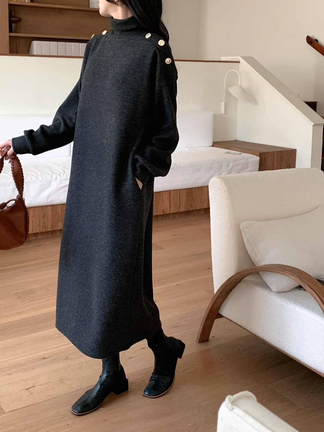 ボタンタートルネックポケットロングワンピースベルト付 | 詳細画像25