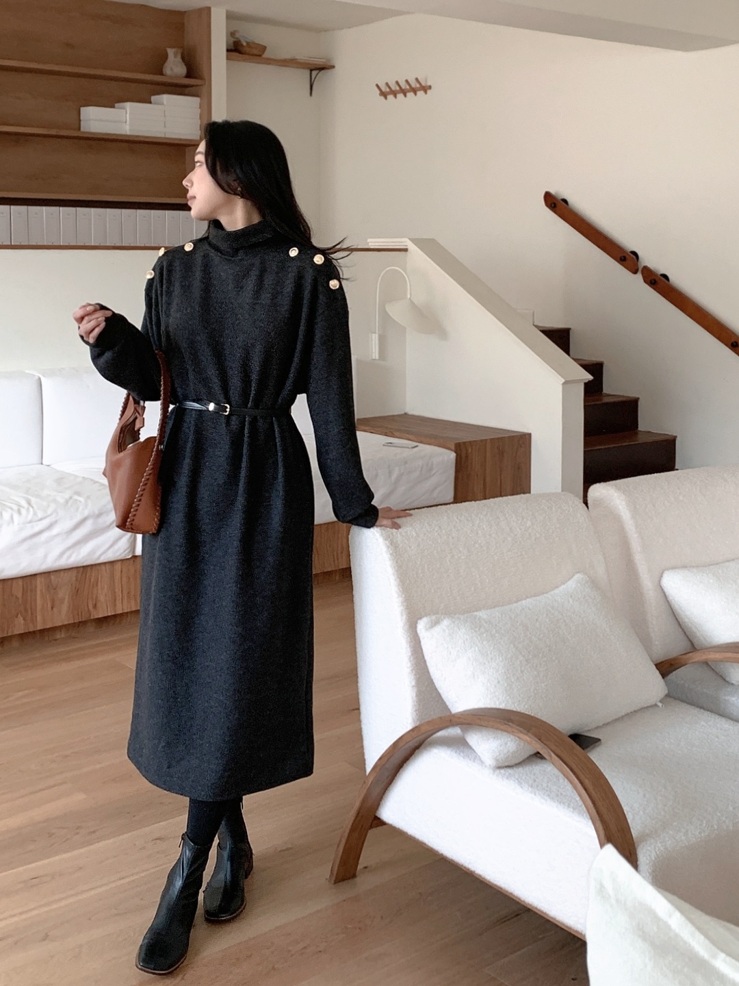 ボタンタートルネックポケットロングワンピースベルト付 | 詳細画像26