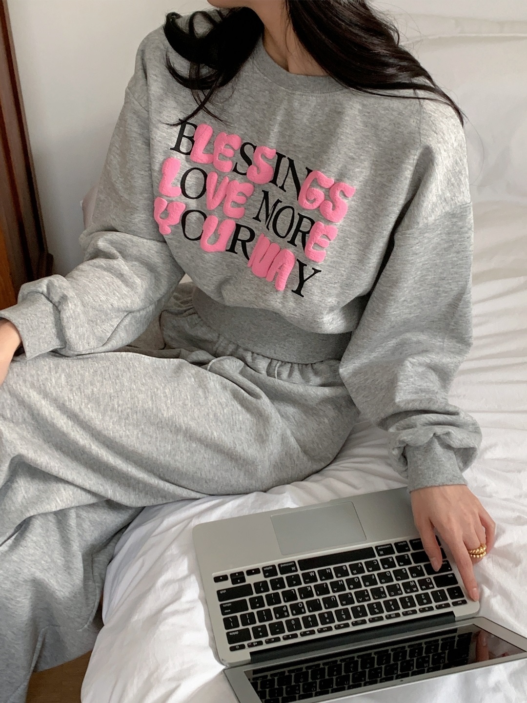 裏起毛ラウンドネックラインウエストゴムレタリングセットアップ | 詳細画像3