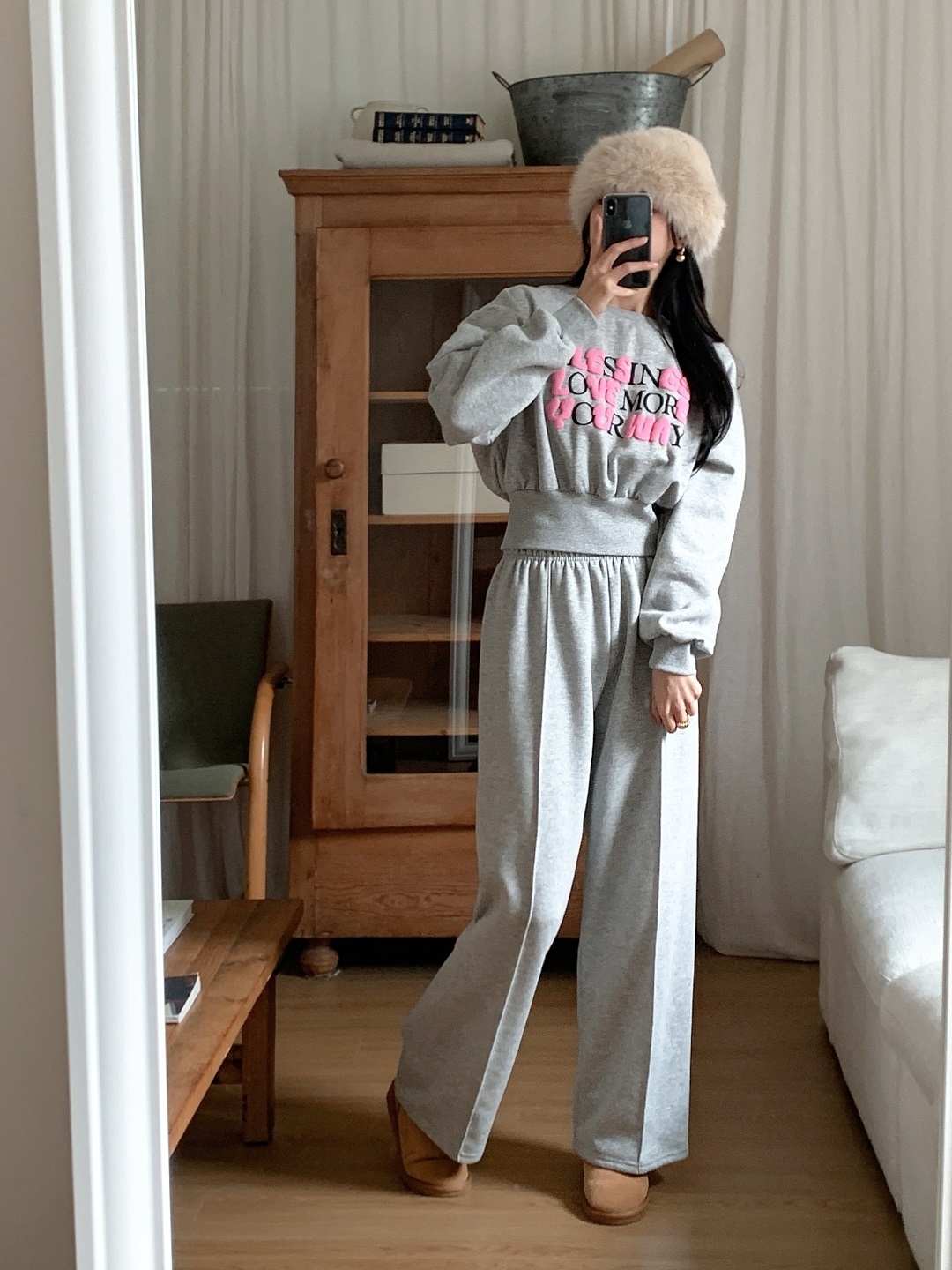 裏起毛ラウンドネックラインウエストゴムレタリングセットアップ | 詳細画像4