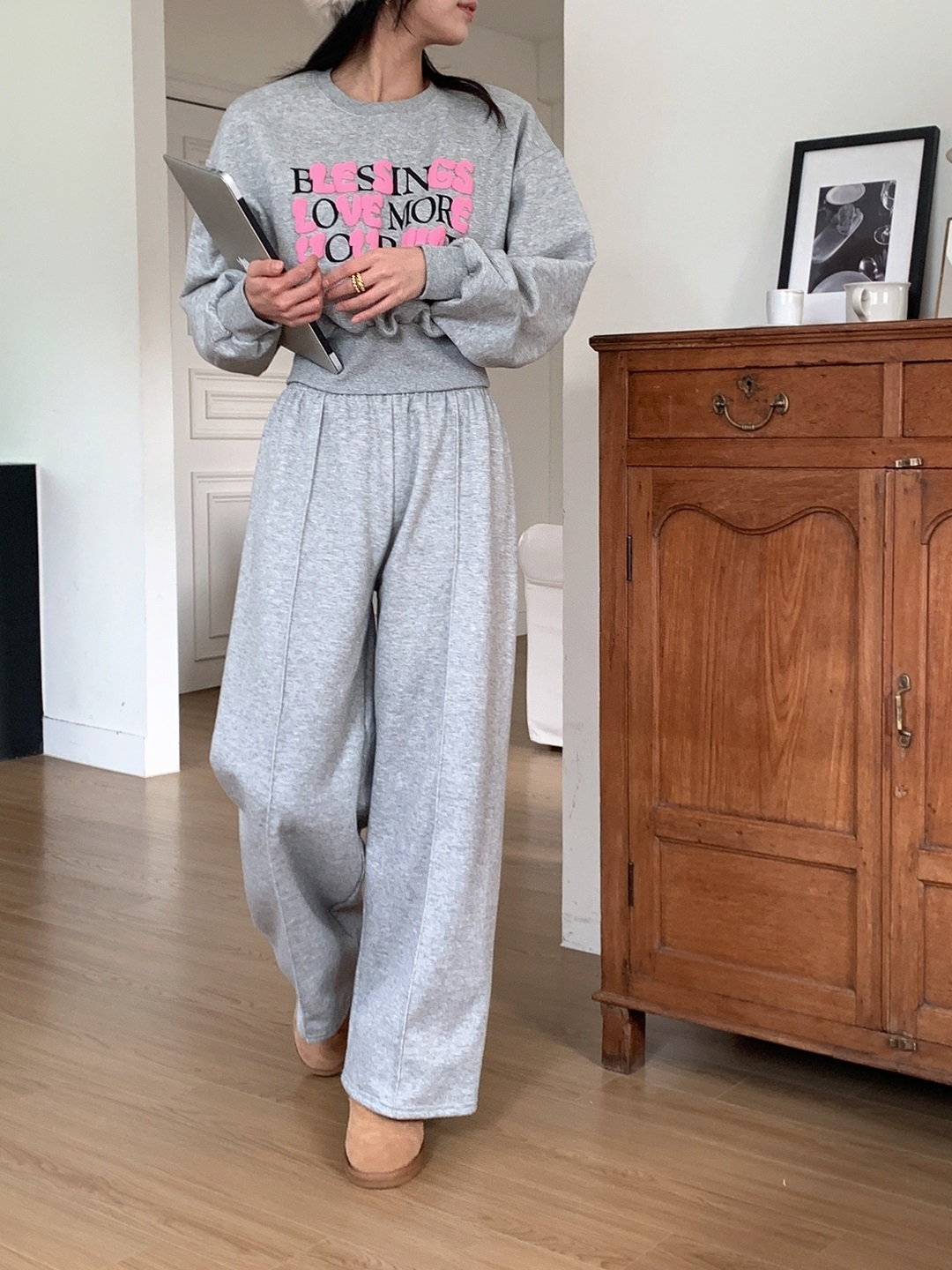 裏起毛ラウンドネックラインウエストゴムレタリングセットアップ | 詳細画像5