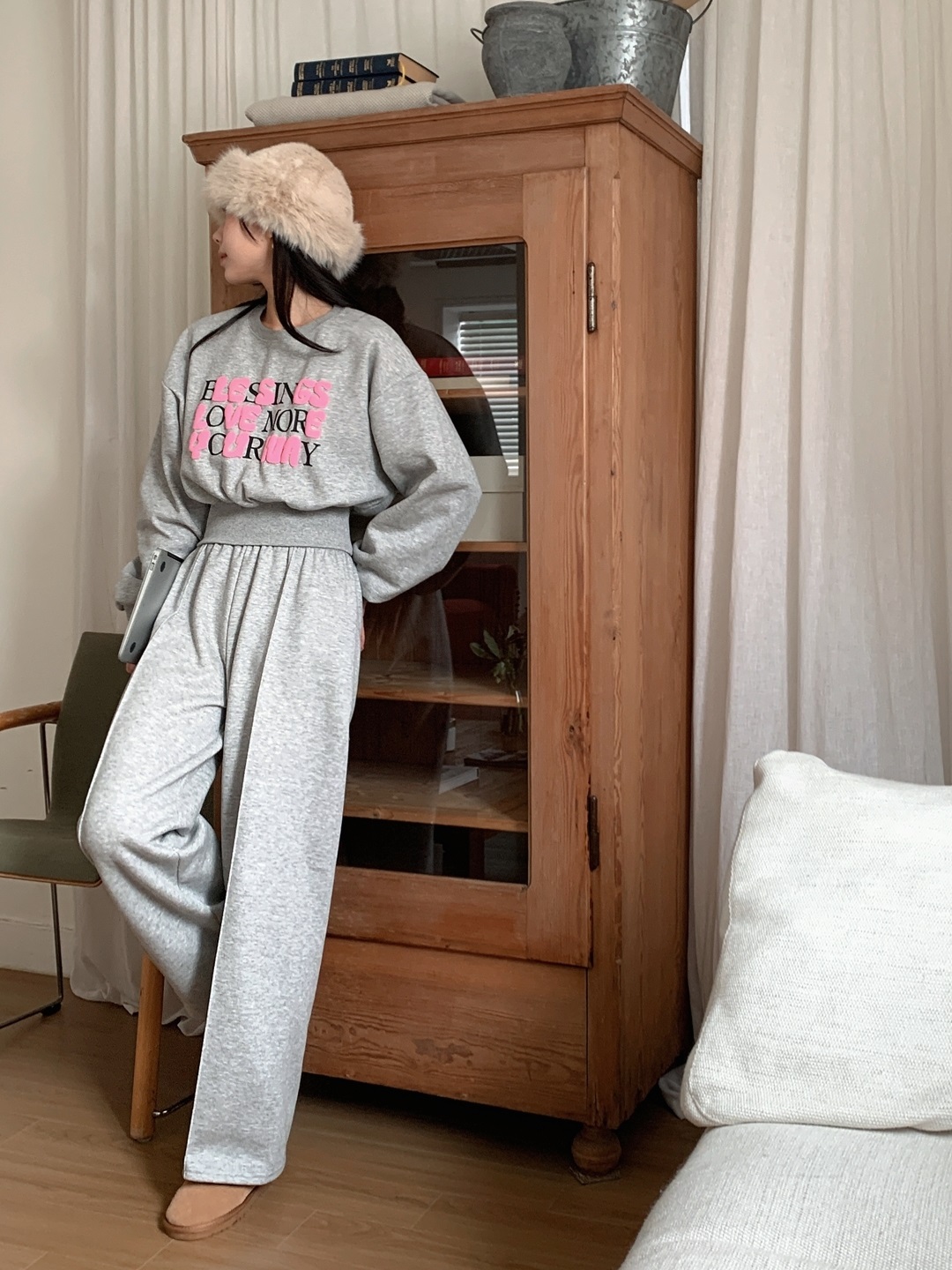 裏起毛ラウンドネックラインウエストゴムレタリングセットアップ | 詳細画像6