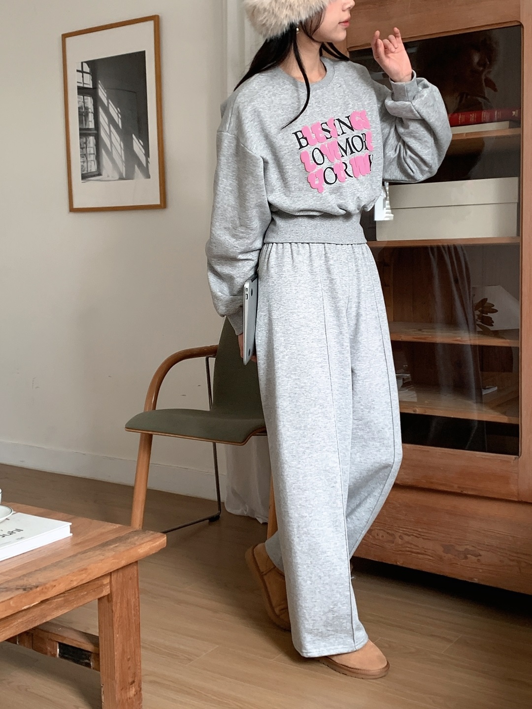 裏起毛ラウンドネックラインウエストゴムレタリングセットアップ | 詳細画像7