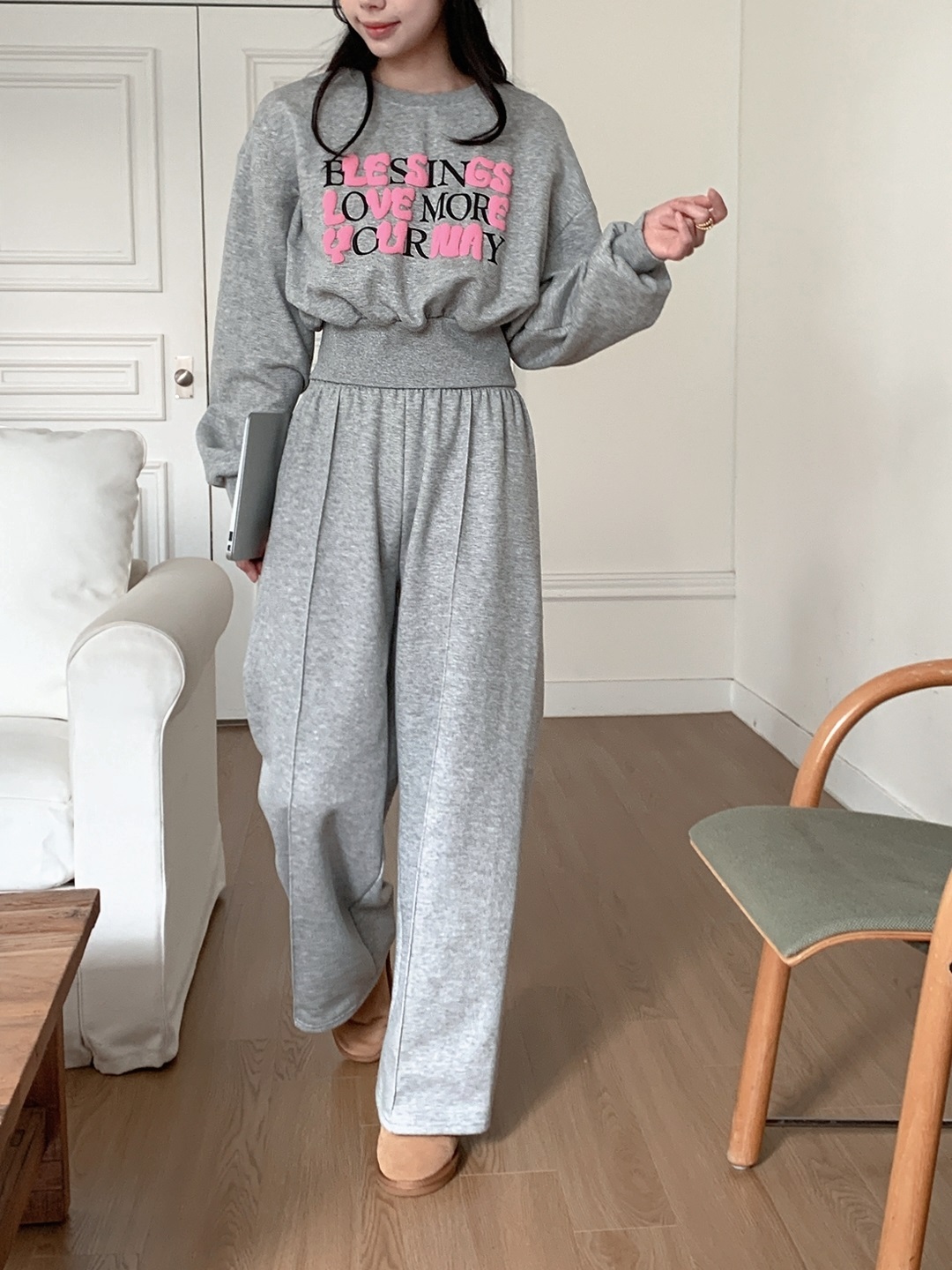 裏起毛ラウンドネックラインウエストゴムレタリングセットアップ | 詳細画像8