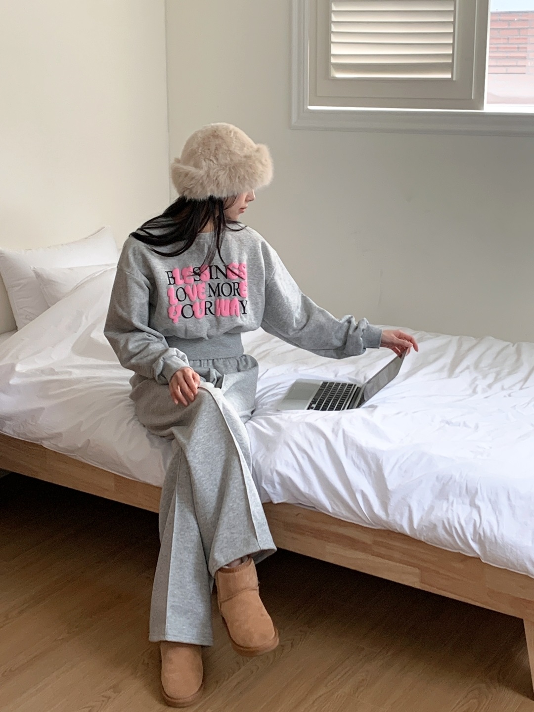 裏起毛ラウンドネックラインウエストゴムレタリングセットアップ | 詳細画像10