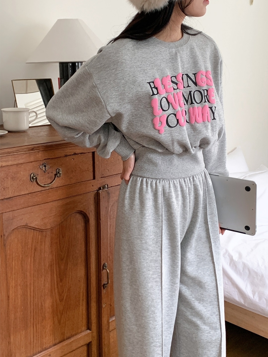 裏起毛ラウンドネックラインウエストゴムレタリングセットアップ | 詳細画像12