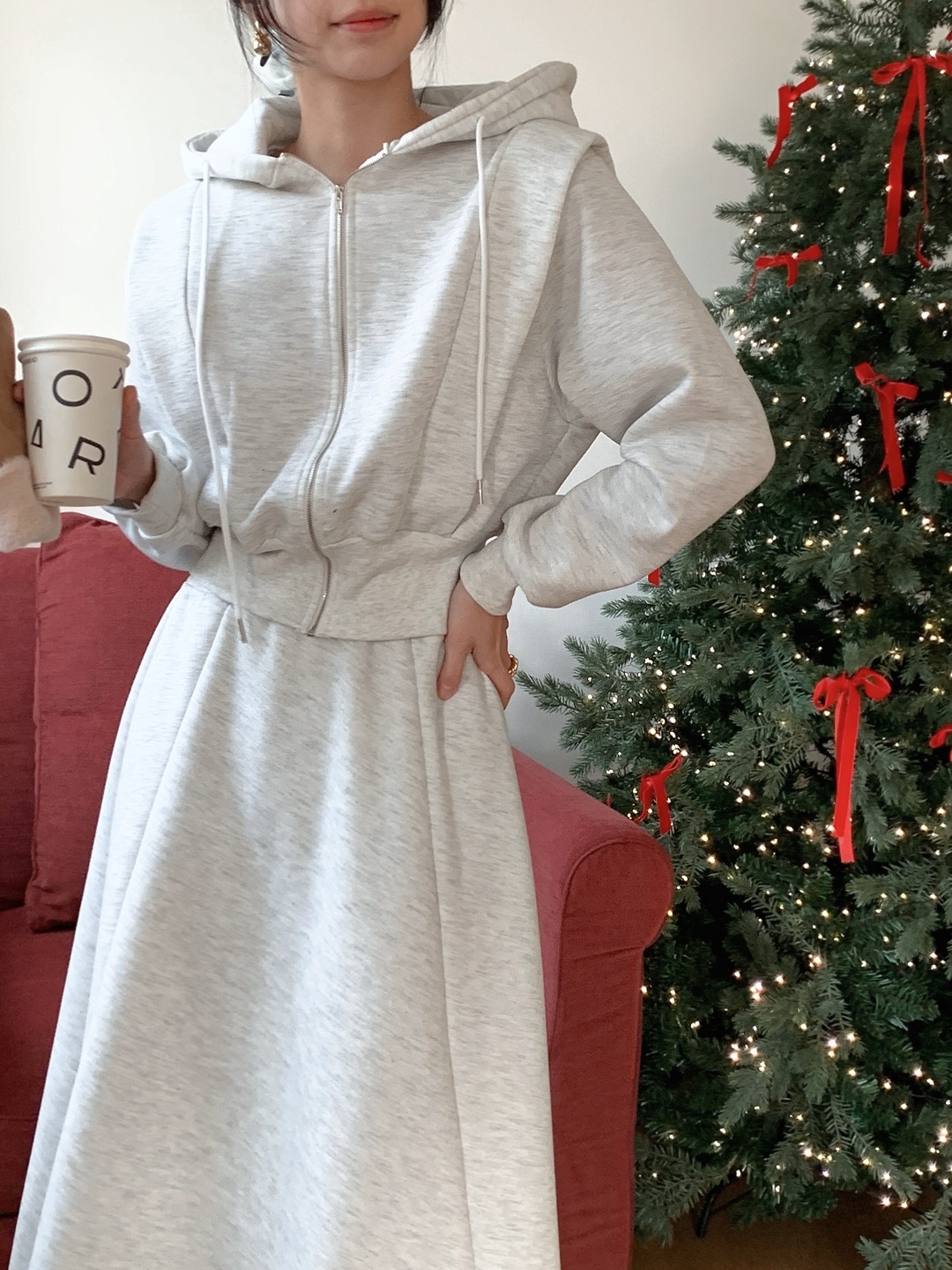 裏起毛ジップアップフードウエストゴムロングフレアセットアップ | 詳細画像2