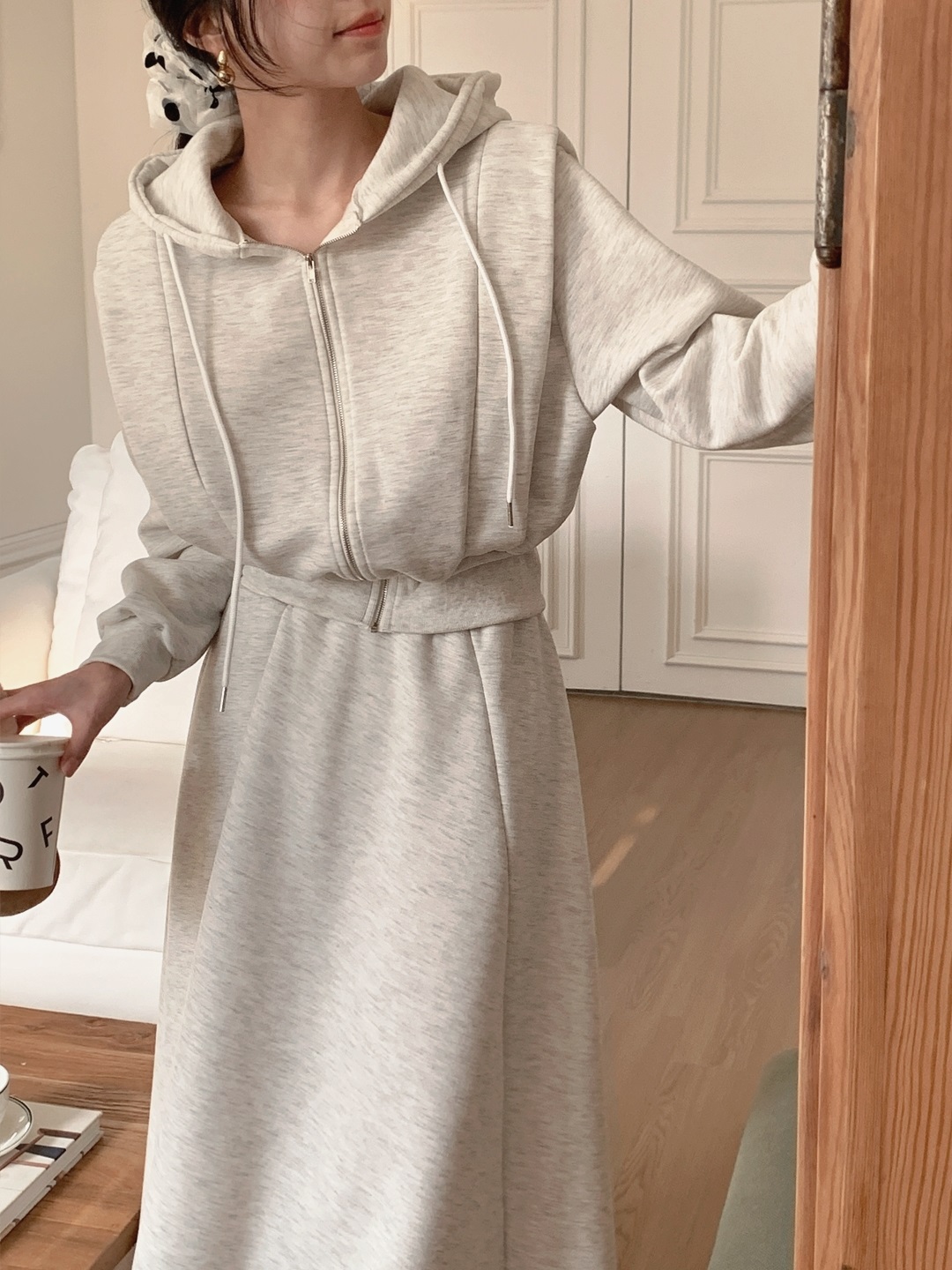 裏起毛ジップアップフードウエストゴムロングフレアセットアップ | 詳細画像3